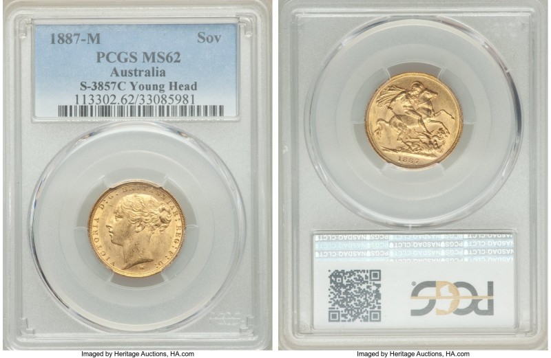 Victoria gold "Young Head/St. George" Sovereign 1887-M MS62 PCGS, Melbourne mint...
