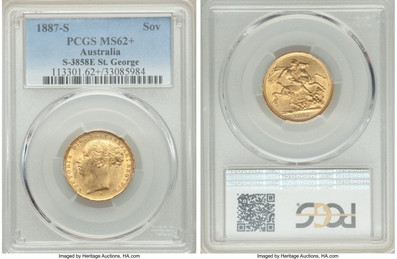 Victoria gold "St. George" Sovereign 1887-S MS62+ PCGS, Sydney mint, KM7, S-3858...