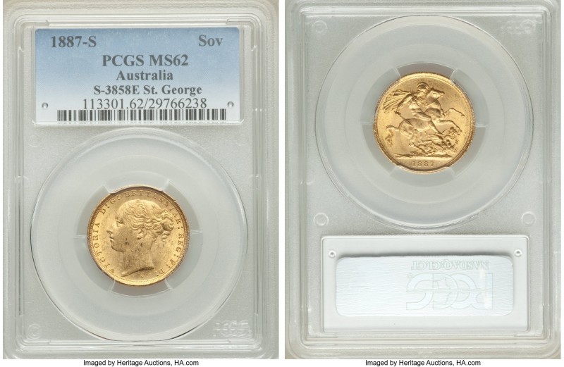 Victoria gold "St. George" Sovereign 1887-S MS62 PCGS, Sydney mint, KM7. AGW 0.2...
