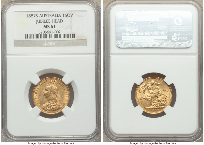 Victoria gold "Jubilee Head" Sovereign 1887-S MS61 NGC, Sydney mint, KM10. The h...