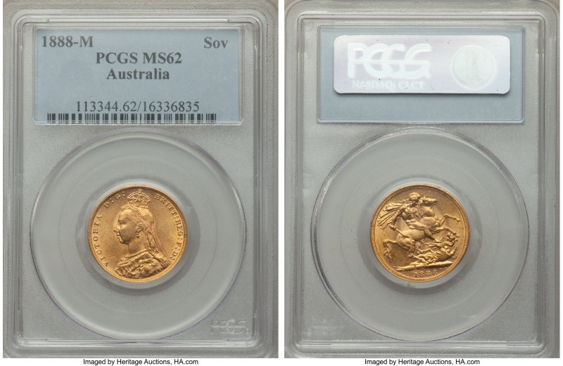 Victoria gold Sovereign 1888-M MS62 PCGS, Melbourne mint, KM10. Captivatingly lu...