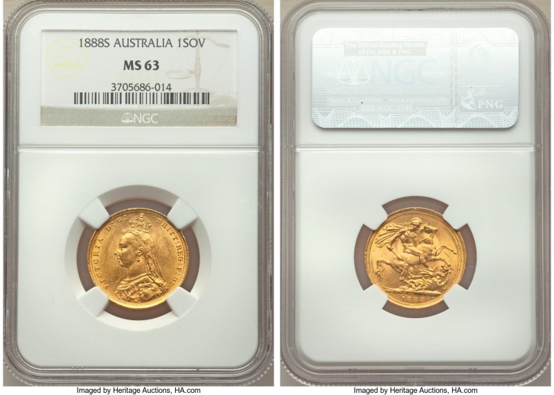 Victoria gold Sovereign 1888-S MS63 NGC, Sydney mint, KM10. Displaying a command...