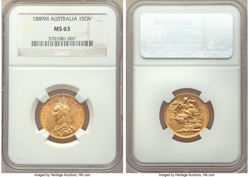 Victoria gold Sovereign 1889-M MS63 NGC, Melbourne mint, KM10. Brilliant, with i...