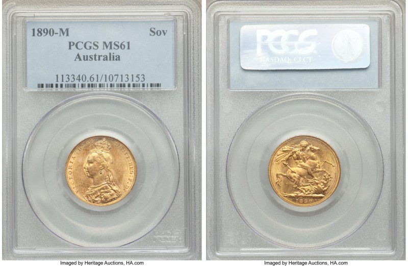 Victoria gold Sovereign 1890-M MS61 PCGS, Melbourne mint, KM10. AGW 0.2355 oz. 
...