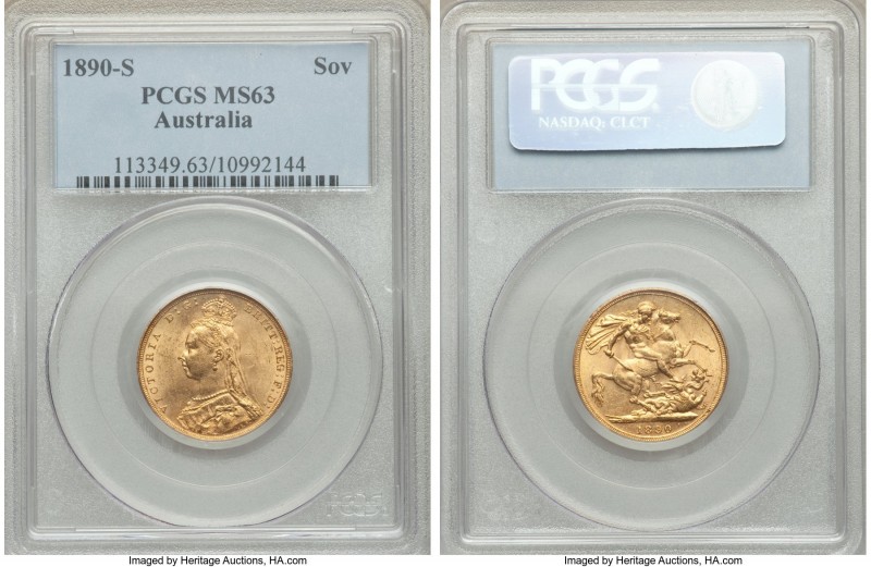 Victoria gold Sovereign 1890-S MS63 PCGS, Sydney mint, KM10. A more difficult is...
