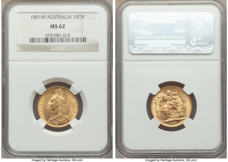 Victoria gold Sovereign 1891-M MS62 NGC, Melbourne mint, KM10. AGW 0.2355 oz,. 
...