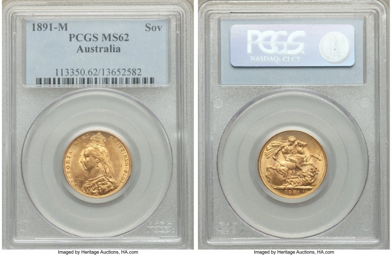 Victoria gold Sovereign 1891-M MS62 PCGS, Melbourne mint, KM10. Tied for the sec...