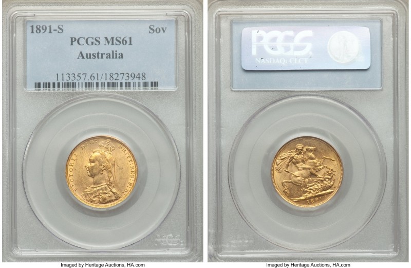Victoria gold Sovereign 1891-S MS61 PCGS, Sydney mint, KM10. AGW 0.2355 oz. 

HI...