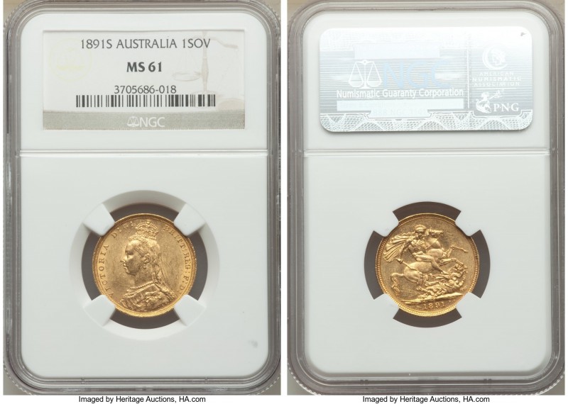 Victoria gold Sovereign 1891-S MS61 NGC, Sydney mint, KM10. AGW 0.2355 oz. 

HID...