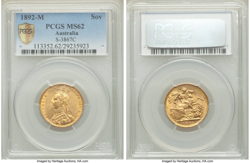 Victoria gold Sovereign 1892-M MS62 PCGS, Melbourne mint, KM10. AGW 0.2355 oz. 
...