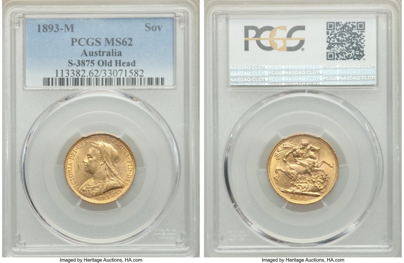 Victoria gold Sovereign 1893-M MS62 PCGS, Melbourne mint, KM13, S-3875. Old/Veil...
