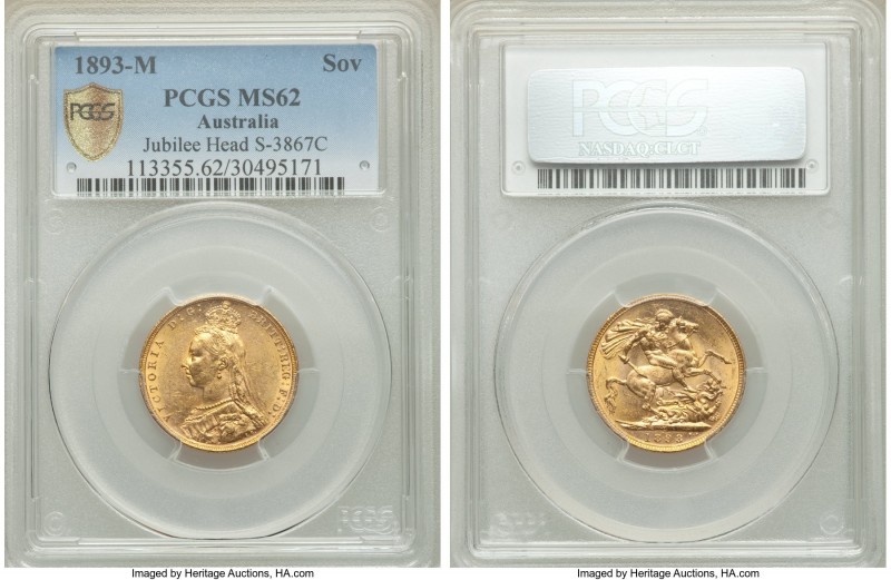 Victoria gold Sovereign 1893-M MS62 PCGS, Melbourne mint, KM10. Conditionally sp...