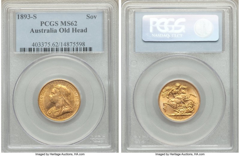 Victoria gold Sovereign 1893-S MS62 PCGS, Sydney mint, KM13. Old/Veiled Head typ...