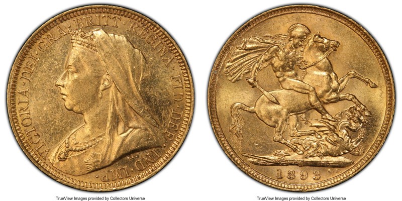 Victoria gold "Veiled Head" Sovereign 1893-S MS62 PCGS, Sydney mint, KM13, S-387...