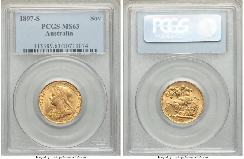 Victoria gold Sovereign 1897-S MS63 PCGS, Sydney mint, KM13. Tied for the techni...