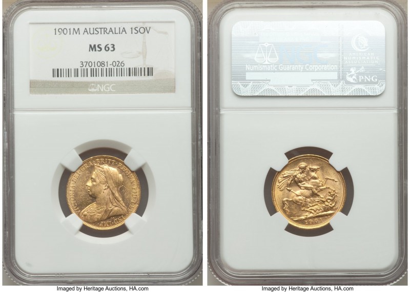 Victoria gold Sovereign 1901-M MS63 NGC, Melbourne mint, KM13. The second highes...