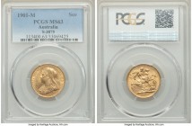 Victoria gold Sovereign 1901-M MS63 PCGS, Melbourne mint, KM13, S-3875. Choice and velveteen in the peripheral registers, with thickly preserved luste...