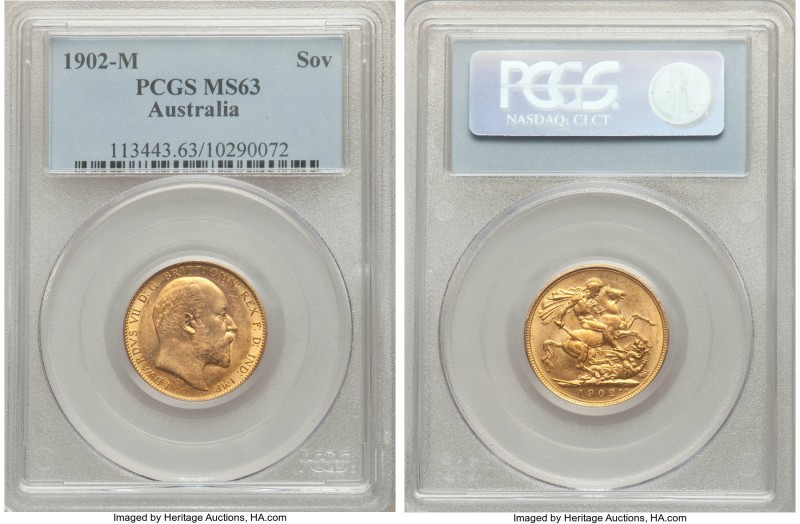 Edward VII gold Sovereign 1902-M MS63 PCGS, Melbourne mint, KM15. Showing usual ...