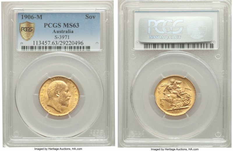 Edward VII gold Sovereign 1906-M MS63 PCGS, Melbourne mint, KM15. AGW 0.2355 oz....