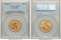 Edward VII gold Sovereign 1908-P MS64 PCGS, Perth mint, KM15. A blushing offering revealing rich golden tone. Tied for the finest certified across PCG...