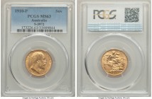 Edward VII gold Sovereign 1910-P MS63 PCGS, Perth mint, KM15, S-3972. Strong in strike and possessing a limited number of contact marks for both the i...