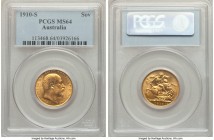 Edward VII gold Sovereign 1910-S MS64 PCGS, Sydney mint, KM15. Deeply harvest-gold in color, with strong definition and impressive luster adding to it...