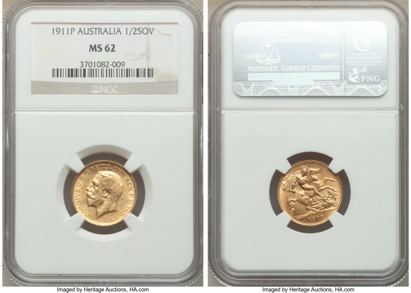 George V gold 1/2 Sovereign 1911-P MS62 NGC, Perth mint, KM28. The first date in...