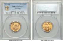 George V gold 1/2 Sovereign 1916-S MS64+ PCGS, Sydney mint, KM28. Displaying intense luster that concentrates in depth toward the legends. 

HID098012...