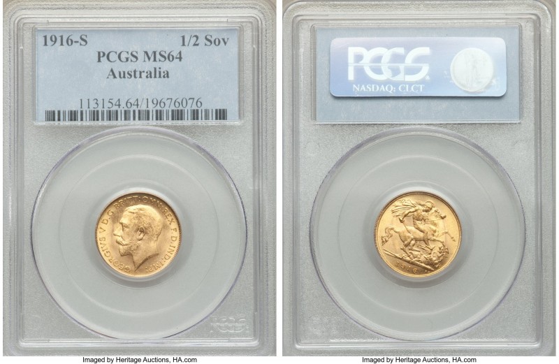 George V gold 1/2 Sovereign 1916-S MS64 PCGS, Sydney mint, KM28. Satiny and exhi...