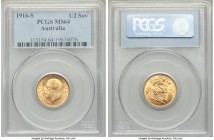 George V gold 1/2 Sovereign 1916-S MS64 PCGS, Sydney mint, KM28. Satiny and exhibiting attractive harvest gold surfaces. 

HID09801242017

© 2020 Heri...
