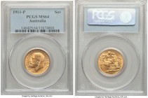 George V gold Sovereign 1911-P MS64 PCGS, Perth mint, KM29. Beautifully rendered and well preserved, with noteworthy luster and just a few contact mar...