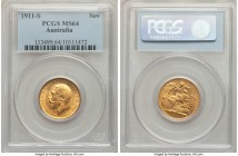 George V gold Sovereign 1911-S MS64 PCGS, Sydney mint, KM29. An impressive example, beams of luster sweep over the sun-kissed, relatively fresh surfac...