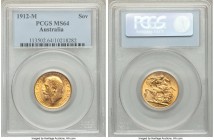 George V gold Sovereign 1912-M MS64 PCGS, Melbourne mint, KM29. Exceptional luster combines with deeply impressed central images and relatively fresh ...