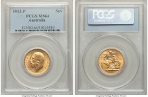 George V gold Sovereign 1912-P MS64 PCGS, Perth mint, KM29, S-4003. A near-gem selection bearing light golden tones over boldly struck features. 

HID...