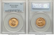 George V gold Sovereign 1912-S MS65 PCGS, Sydney mint, KM29, S-4003. Among the finest certified for this date and mint, with only a single PCGS-certif...