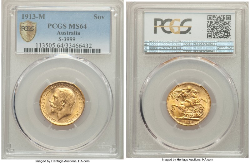 George V gold Sovereign 1913-M MS64 PCGS, Melbourne mint, KM29, S-3999. AGW 0.23...