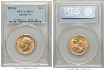 George V gold Sovereign 1913-P MS63 PCGS, Perth mint, KM29. A luminous golden selection revealing only slight instances of post-mint handling. 

HID09...