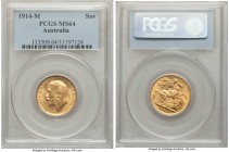 George V gold Sovereign 1914-M MS64 PCGS, Melbourne mint, KM29. A commendable representative exhibiting a remarkably balanced visual allure. 

HID0980...