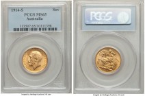 George V gold Sovereign 1914-S MS65 PCGS, Sydney mint, KM29. An inspirational gem whose satiny surfaces are framed by a glowing ring of peripheral gol...
