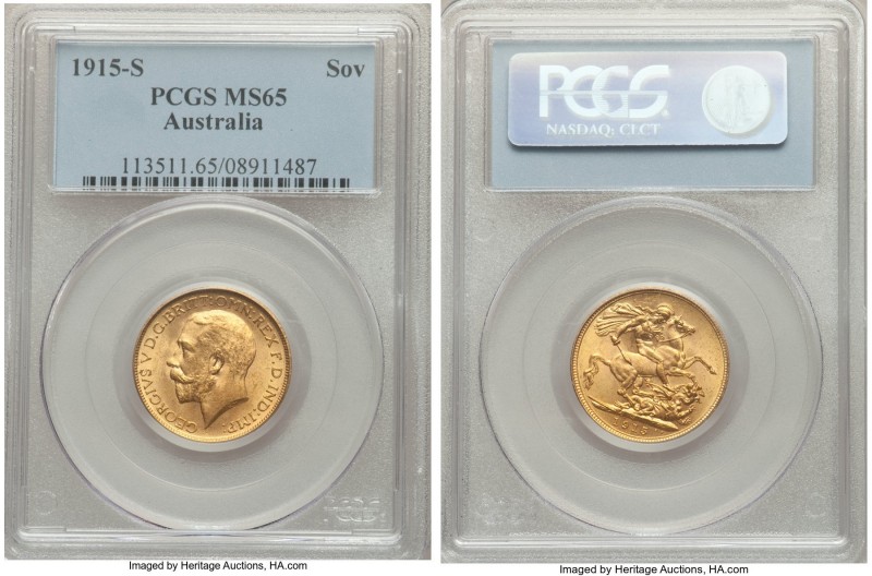 George V gold Sovereign 1915-S MS65 PCGS, Sydney mint, KM29. Of rarely seen qual...