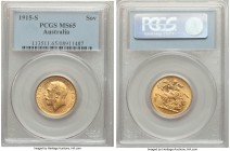 George V gold Sovereign 1915-S MS65 PCGS, Sydney mint, KM29. Of rarely seen quality for the date, and the series as a whole, with abundant aurous lust...