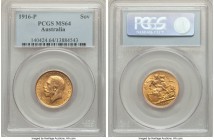 George V gold Sovereign 1916-P MS64 PCGS, Perth mint, KM29. Conveying full originality, with contrasting golden tones yielding a charming aesthetic. 
...