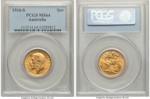George V gold Sovereign 1916-S MS64 PCGS, Sydney mint, KM29. A lovely selection combining expressive detail with velveteen golden surfaces. 

HID09801...