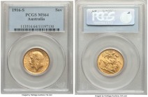 George V gold Sovereign 1916-S MS64 PCGS, Sydney mint, KM29. AGW 0.2355 oz. 

HID09801242017

© 2020 Heritage Auctions | All Rights Reserve