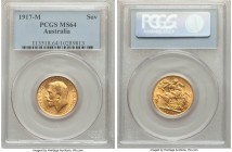 George V gold Sovereign 1917-M MS64 PCGS, Melbourne mint, KM29. Tied for the second-finest of this date and mint certified across NGC and PCGS combine...