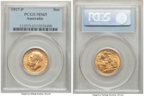 George V gold Sovereign 1917-P MS65 PCGS, Perth mint, KM29. A brilliant jewel offering fully gem Mint State qualities. Tied for finest certified acros...