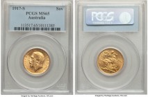 George V gold Sovereign 1917-S MS65 PCGS, Sydney mint, KM29. A well-struck jewel example boasting clear detailing and rich golden luster. 

HID0980124...