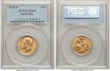 George V gold Sovereign 1918-P MS64 PCGS, Perth mint, KM29. A well-kept offering maintaining balanced visual appeal, touches of saffron toning scatter...