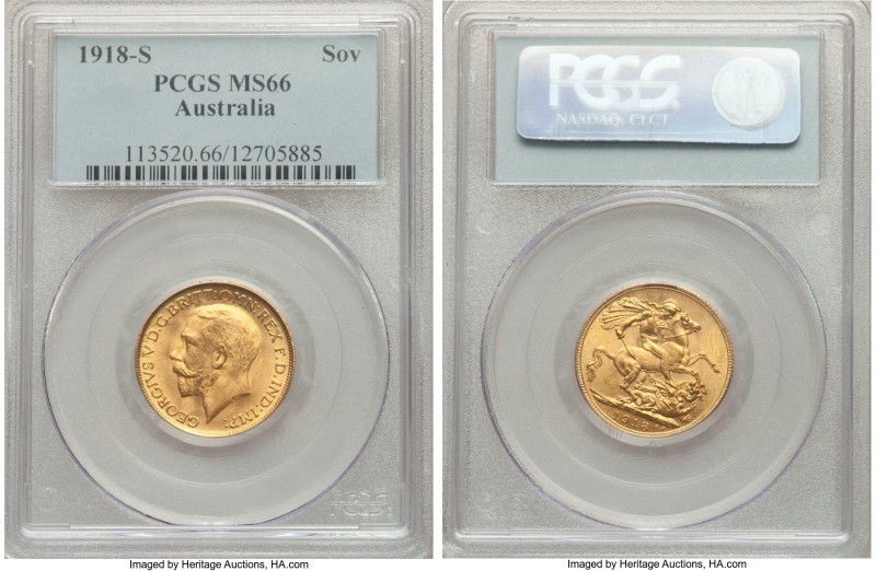 George V gold Sovereign 1918-S MS66 PCGS, Sydney mint, KM29. Laudable in every r...