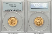 George V gold Sovereign 1918-S MS66 PCGS, Sydney mint, KM29. Laudable in every respect, the fields picked out in delicate flow lines bearing resplende...